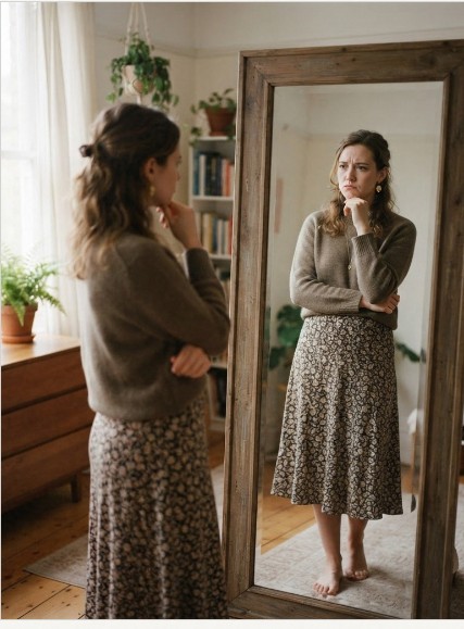 A person considering an outfit in front of a mirror