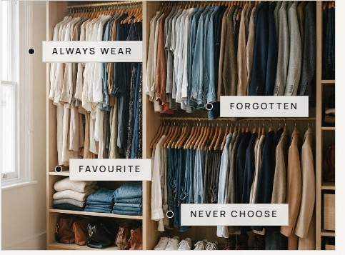 A full wardrobe of clothes annotated with Always wear, Forgotten, Favourite and Never choose